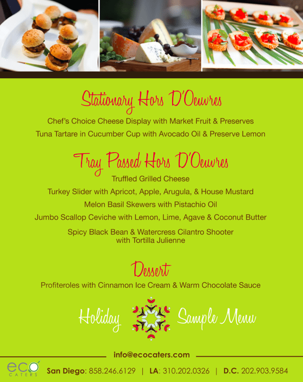 Holiday party menu all organic catering eco caters los angeles holiday catering san diego holida season catering company 1