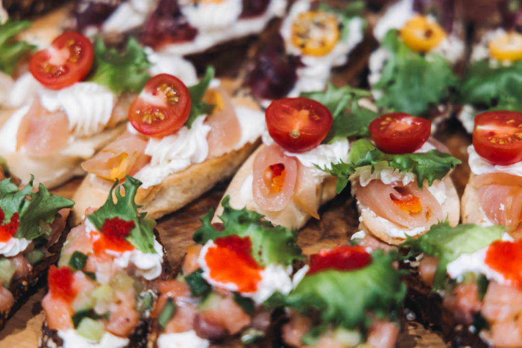 Catered lunch spread featuring fresh ingredients