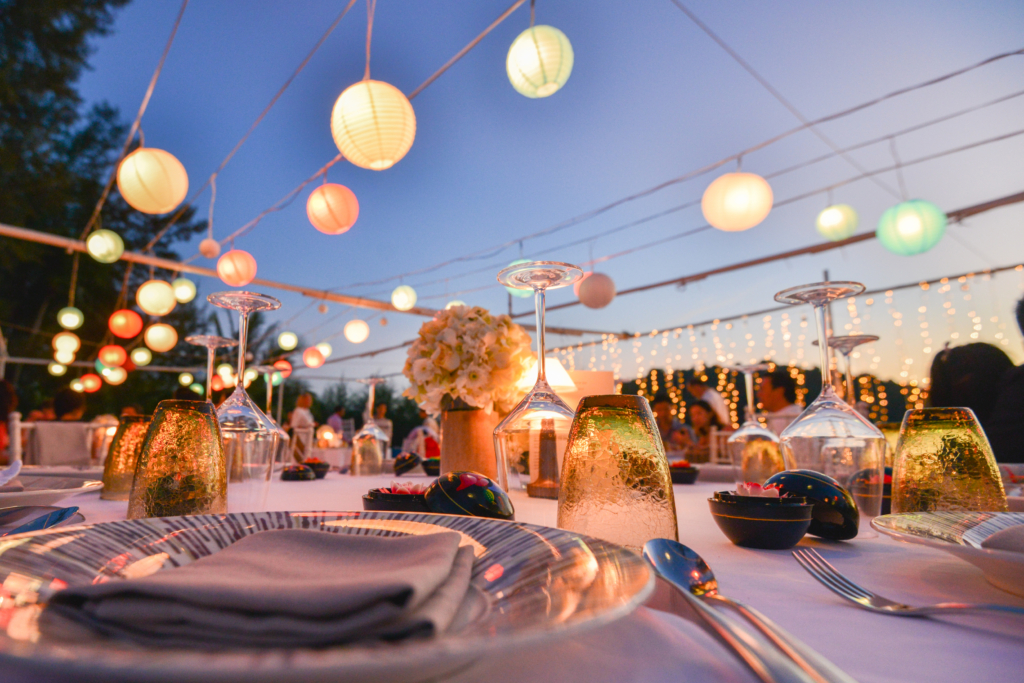 Catered wedding with a beautiful backdrop